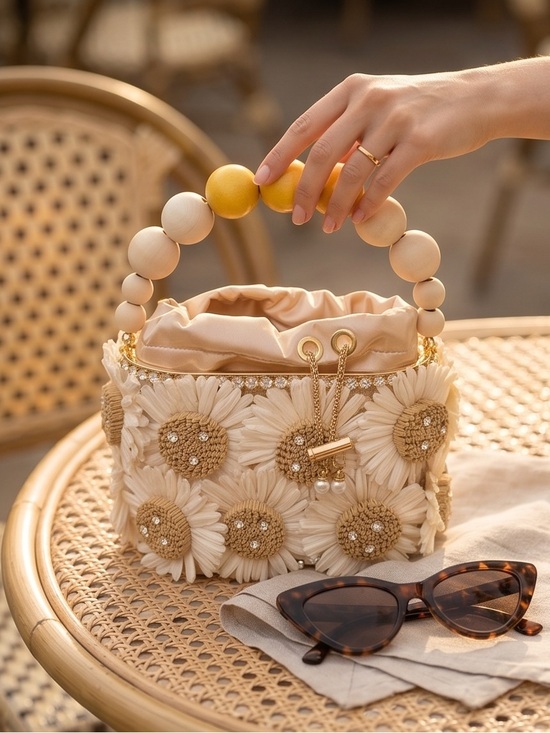 The Unbranded Brand Handbags - Mini Floral Beaded Drawstring Bag in Cream and Yellow